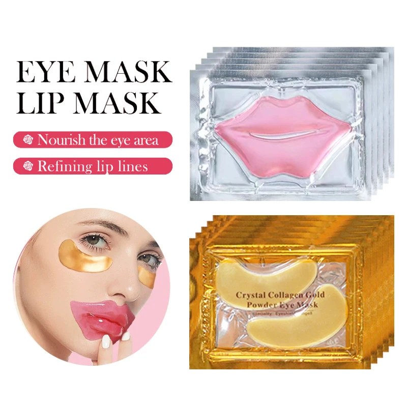 Golden Crystal Collagen Eye Mask and Pink Lip Mask for Anti-Aging and Moisturizing Skin Care