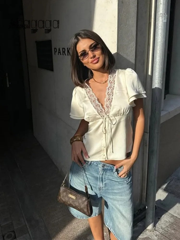 Ahagaga casual women tops solid lace neck short sleeves satin slim button streetwear tees